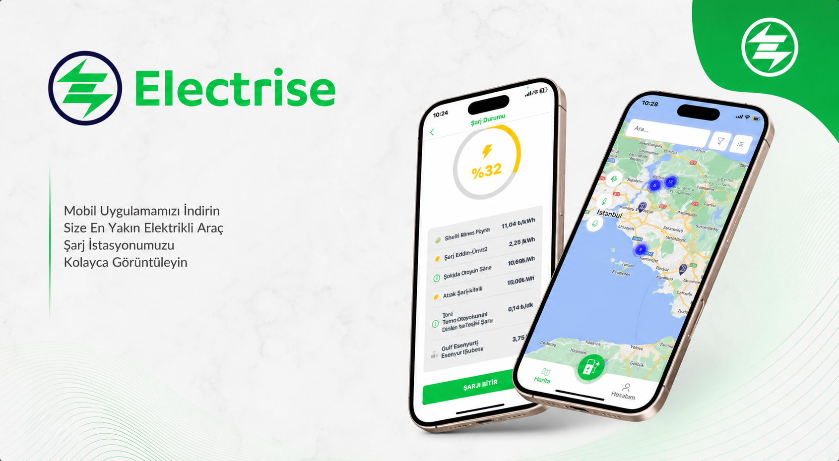 Electrise mobil uygulaması; şarj durumu ve istasyon haritası ekranları